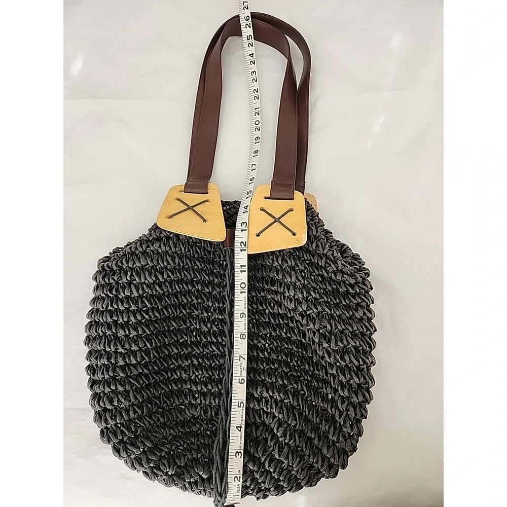 Straw, Leather & Wood Women's Tote Shoulder Handbag Black w/Brown Leather Straps